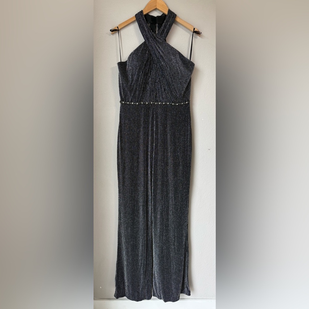 Lucci Lu Metallic Crossover Halter Jumpsuit Womens Size 12 Rhinestone Detail
